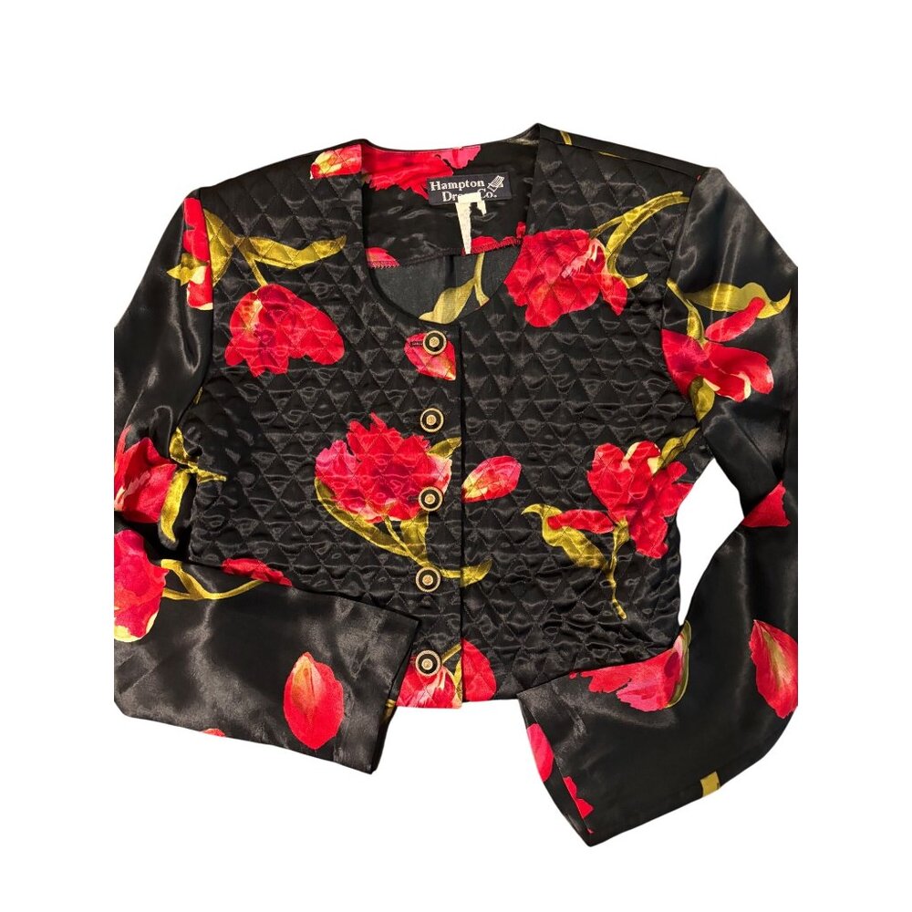 Vintage Hampton Dress Co. Quilted Black Jacket Red Floral Cropped  Women’s